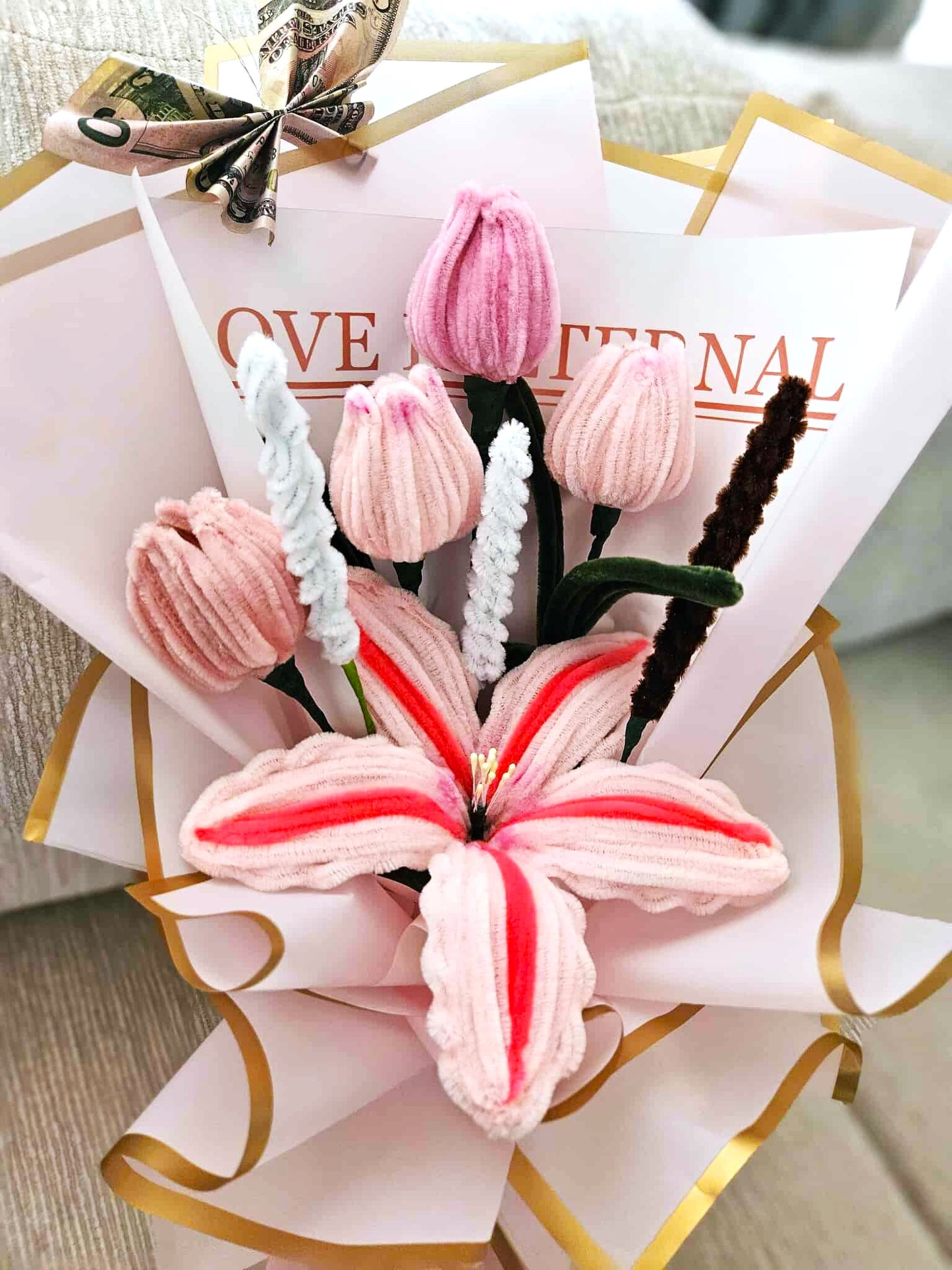 Handmade Pipe Cleaner Flower Bouquet_ Pink Tulip mix Lily flowers
