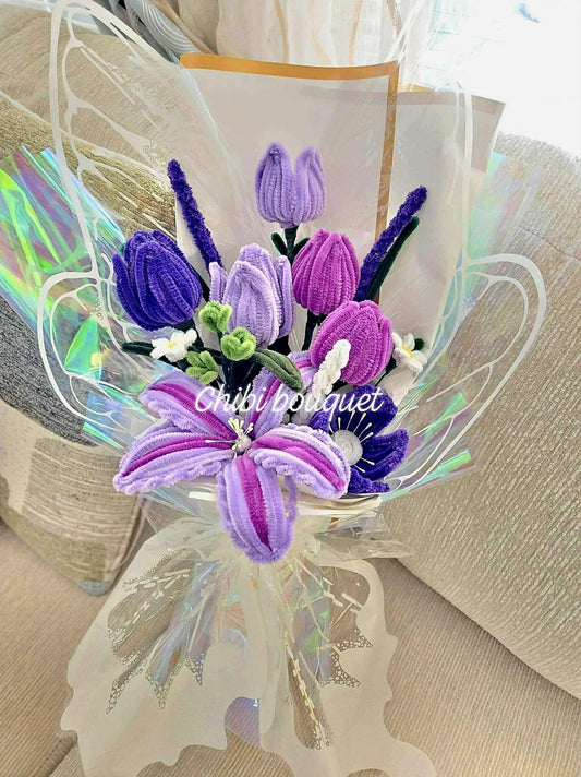 Handmade Pipe Cleaner Flower Bouquet_ purple Tulip and Lily