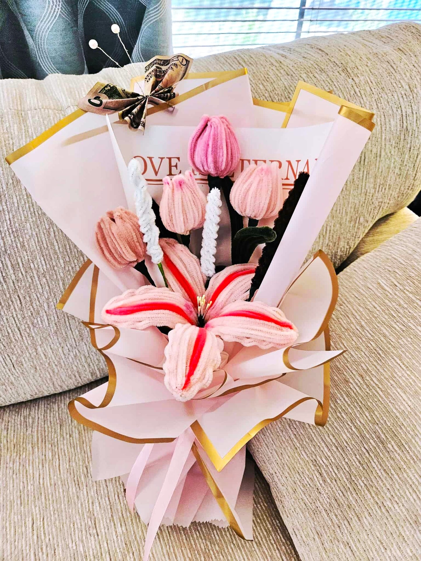 Handmade Pipe Cleaner Flower Bouquet_ Pink Tulip mix Lily flowers
