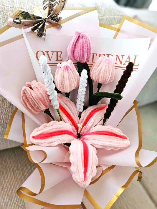 Handmade Pipe Cleaner Flower Bouquet_ Pink Tulip mix Lily flowers