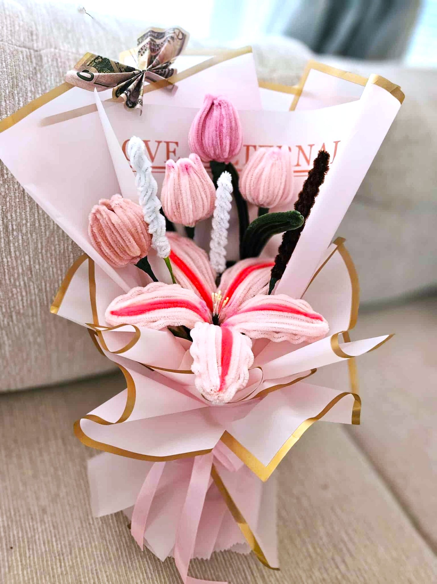 Handmade Pipe Cleaner Flower Bouquet_ Pink Tulip mix Lily flowers